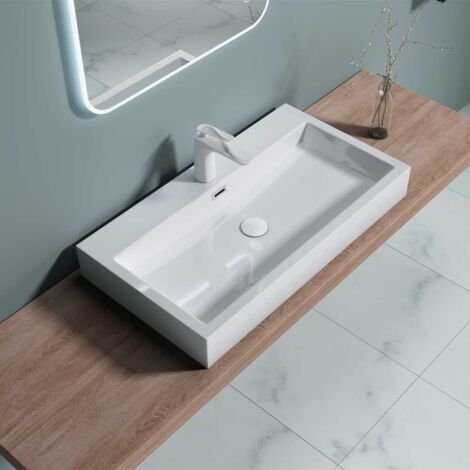 Bathroom Cloakroom Stone Resin Wall Hung Basin 765 x 420 x 100mm (WxDxH) - One Tap Hole With Overflow - Durovin Bathrooms