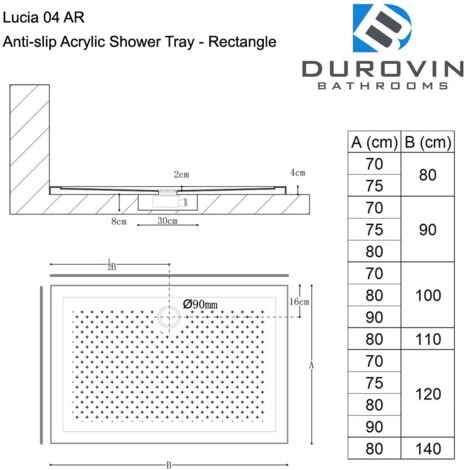 Durovin Bathrooms Acrylic Shower Tray Anti Slip Surface - Rectangular - 1200 x 800mm