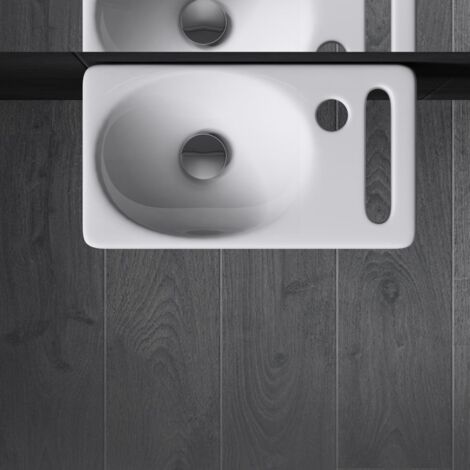 Durovin Bathrooms Compact Ceramic Sink - Wall Hung Mount - Rectangular Cloakroom Hand Washing Basin - One Right Hand Tap Hole With Towel Rail
