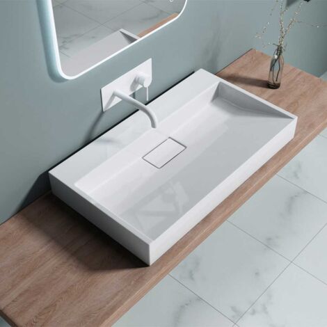 Bathroom Cloakroom 800 x 460mm (WxD) Cast Stone Resin Bathroom Basin - Wall Hung Or Countertop basin  Sink No Tap Hole - Concealed Waste - Durovin Bathrooms