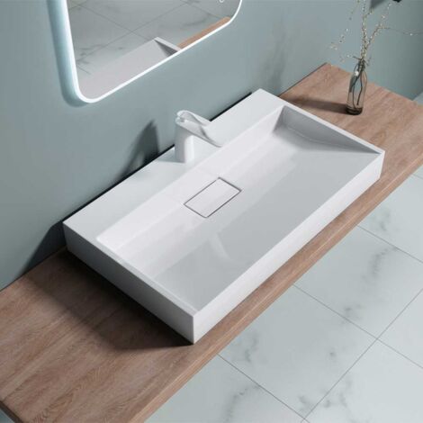 Bathroom Cloakroom 800 x 460mm (WxD) Cast Stone Resin Bathroom Basin - Wall Hung Or Countertop basin  Sink One Tap Hole - Concealed Waste - Durovin Bathrooms