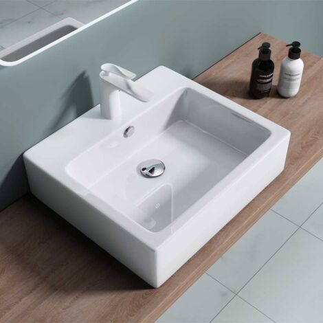 Durovin Bathrooms Ceramic Basin - Wall Hung or Counter Top Mount Sink - Single Tap Hole With Overflow - Square 530 x 410mm (WxD)