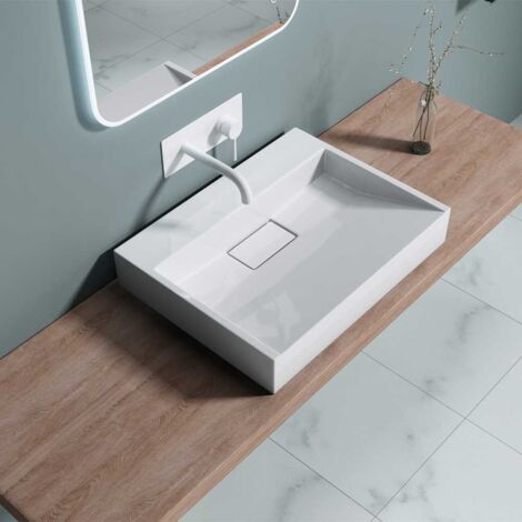Bathroom Cloakroom 600 x 380mm (WxD) Cast Stone Resin Bathroom Basin - Wall Hung Or Countertop basin  Sink No Tap Hole - Concealed Waste - Durovin Bathrooms