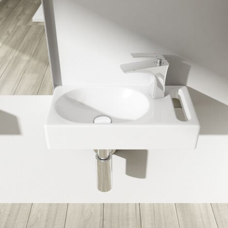 Durovin Bathrooms Compact Ceramic Sink - Wall Hung Mount - Rectangular Cloakroom Hand Washing Basin - One Right Hand Tap Hole With Towel Rail