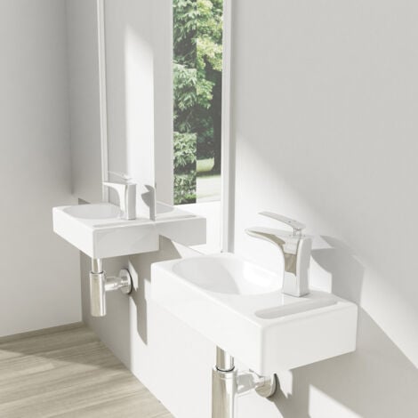 Durovin Bathrooms Compact Ceramic Sink - Wall Hung Mount - Rectangular Cloakroom Hand Washing Basin - One Right Hand Tap Hole With Towel Rail