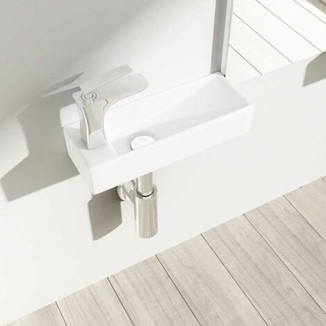 Durovin Bathrooms Mini Ceramic Sink - Wall Hung Mount - Ultra Slim Rectangular Cloakroom Hand Washing Basin - One Left Hand Tap Hole (1/5)