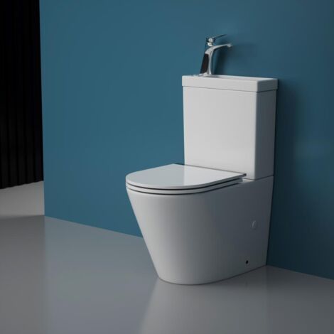 Durovin Close Coupled 2 in 1 Toilet with Sink On Top & Tap Two Piece Ceramic Toilet - Rimless WC pan with Cistern and Soft Close Seat