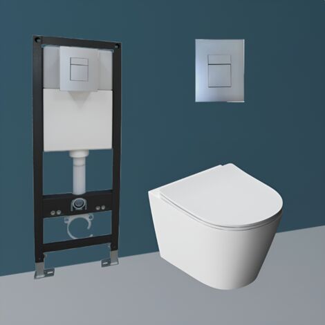 Durovin Bathrooms Rimless Wall Hung Toilet - Include WC Pan with Soft Close Seat and 1.16M Concealed Cistern Frame (6/3L) (1/5)