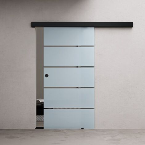 Durovin 900 2050mm internal Sliding Glass Door - Frosted Sections - Black Round Handle & Rail - With Track 5ft for Bathrooms Kitchens Living Room Bedroom (1/5)