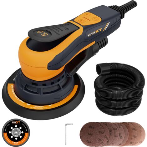 Bürstenlose MAXXT Elektroschleifer 150 mm, Exenterschleifmaschine 5,0 mm mit Dreikernanschluss, Automatische Bremse-2s, 6 einstellbare Geschwindigkeiten und 10 Schleifpapiere enthalten, 5 m Kabel