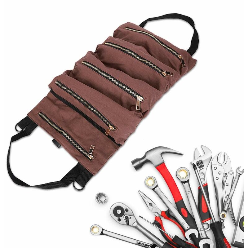 Werkzeugtasche, tragbare Mehrzweck-Werkzeugtasche aus Segeltuch,  Schraubenschlüssel, Schraubendreher, Reparatur-Werkzeugtasche,  Elektriker-Garten-Reißverschlusstasche, Kaffeefarbe
