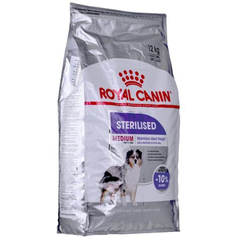 Royal Canin – Croquettes pour chien adulte stérilisé moyen 12 kg – Ingrédients : maïs, protéines de volaille, graisses animales – Protéines 28%, Matières grasses 13%