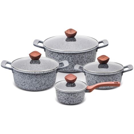 Ensemble de casseroles PROMIS en granit. Casserole 16 cm. Casseroles 20, 24 et 28 cm, poignées marron. (1/3)
