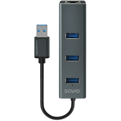 Savio AK-57 USB-A - 3 x HUB USB-A avec adaptateur Ethernet RJ-45 Gigabit 5000 Mbit/s gris (1/5)