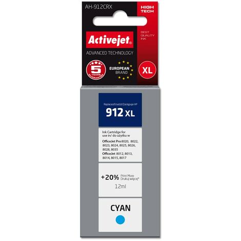 Encre Activejet AH-912CRX pour imprimantes HP. Compatible avec HP 912XL 3YL81AE qualité supérieure 990 pages 12 ml, bleu.