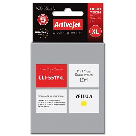 Cartouche d'encre Activejet ACC-551YN (remplace Canon CLI-551Y  Supreme  15 ml  jaune) (1/2)