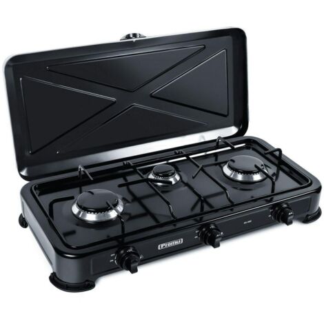 Cuisinière à gaz compacte 3 foyers 2900W – Design noir en acier – Idéale pour petits espaces – Facile à nettoyer et sécurisée – Elprom (1/3)