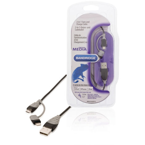 Câble de données et de charge 2 en 1 Bandridge BBM39400B10 USB Micro-b mâle + adaptateur Lightning - A mâle 1,00 m Noir (1/4)