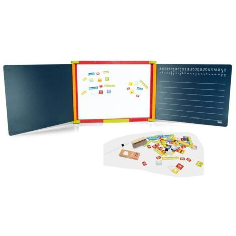 Tableau en bois triptyque 3 faces – 1 face magnétique et 2 faces pour craie – Rangement mural pour bureau – Accessoires inclus – Jeujura (1/7)