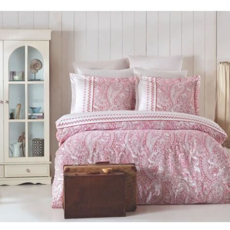 Parure de lit - 1 housse de couette 220 x 240 cm + 2 taies d'oreiller 60 x 60 cm - 100 % coton renforcé - Rose (1/4)