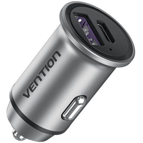 Chargeur de voiture Vention à deux ports USB A+A (30+30) gris, format mini, en alliage d'aluminium. (1/3)