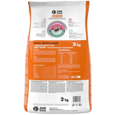 Croquettes John Dog GOOD FORM pour chiens de race moyenne/grande, au veau et à l'agneau, 3 kg (1/4)