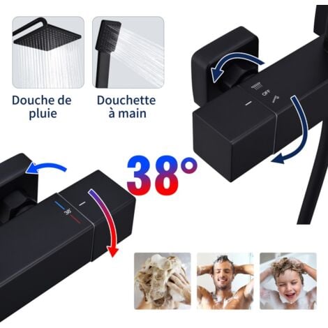 Colonne de Douche Thermostatique Ensemble de Douche Noir Kit de Douche en Laiton Hauteur Réglable Système de Douche Noir