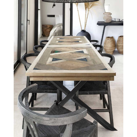 Table de salle à manger en manguier massif marqueté 200 cm – 10 places – Design artisanal pour salle à manger moderne
