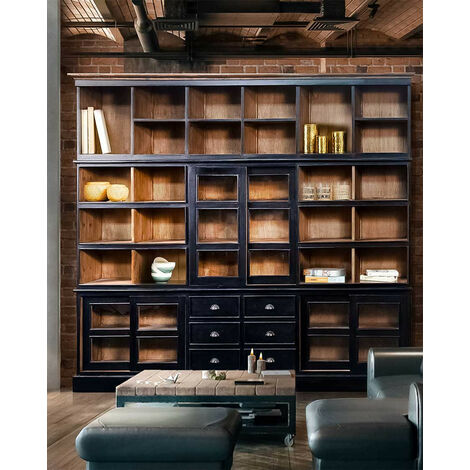 Bibliothèque noire en bois de Mindy massif 270x240 cm – Finition patinée – 5 étagères pour décoration et rangement