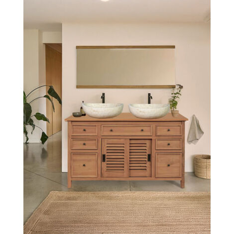 Meuble salle de bain en teck 140 cm – Portes persiennes coulissantes – 5 tiroirs de rangement – Résistant à l'humidité