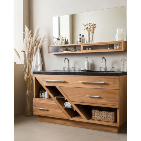 Meuble de salle de bain en teck massif et marbre terrazzo noir 145 cm – Double vasque – Espaces de rangement fonctionnels et esthétiques
