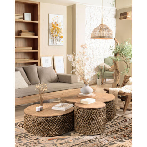 Yuda - Lot de trois tables en bois de teck massif et tissage banane avec rangements (1/5)