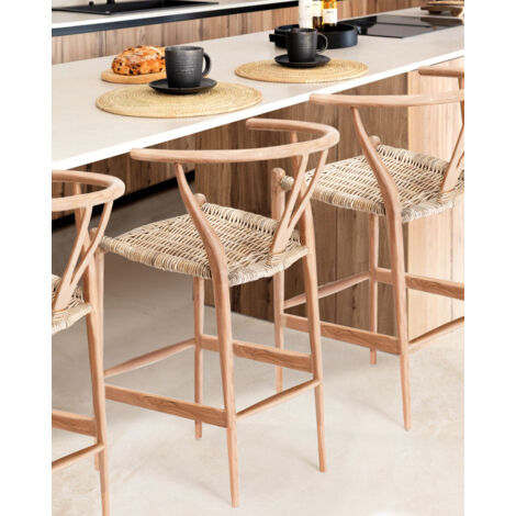 Chaise de bar en teck massif et rotin – Dossier arrondi ergonomique – Assise légère et élégante – Pour cuisine et espaces modernes (1/5)