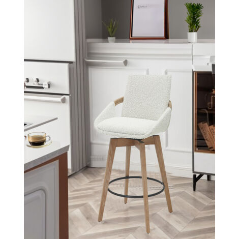 Chaise de bar en tissu bouclette blanc – Assise ergonomique – Pieds en bois style scandinave – Rotation 360° (1/5)