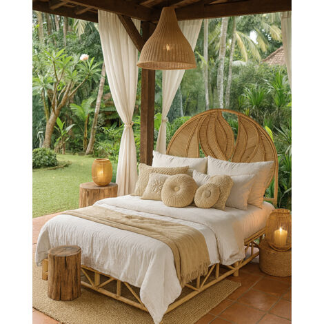 Tête de lit en rotin naturel 160x150 cm – Motif feuilles tressées à la main – Style bohème chic pour chambre apaisante