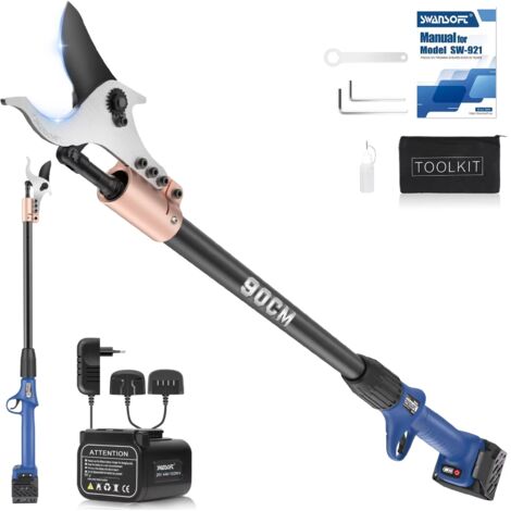 SWANSOFT Élagueur électrique à perche de 90 cm avec batterie 4 Ah + 4 Ah, moteur sans balais 1050 W, pour l'élagage des branches hautes, diamètre de coupe 40 mm 921-1