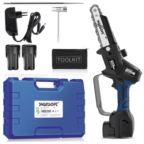 SWANSOFT Mini-tronçonneuse sans fil 6 pouces (13 cm) 500 W avec deux batteries Outil de jardinage pour l'élagage des arbres et la coupe du bois CS-1S (1/4)