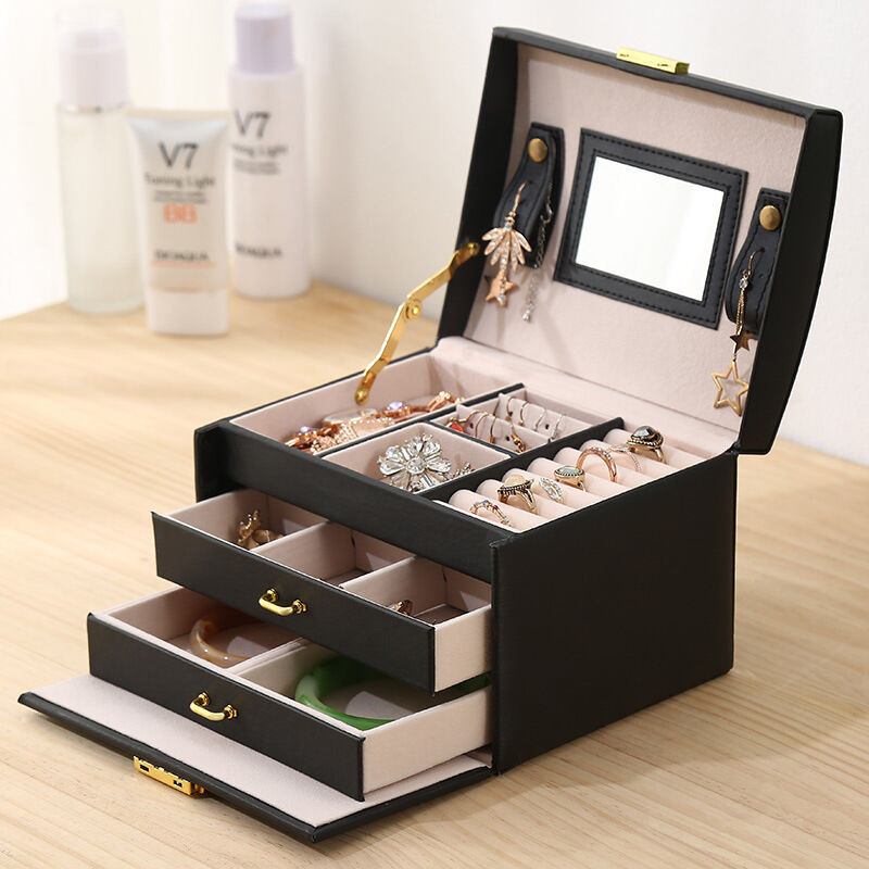 Boîte à Bijoux, Coffret pour Bijoux Boîte à Maquillage Bijoux et cosmétique Beauty Case à 3 Couches en Simili Cuir avec 2 Tiroirs, Noir 2