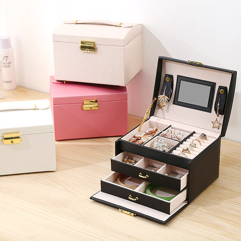 Boîte à Bijoux, Coffret pour Bijoux Boîte à Maquillage Bijoux et cosmétique Beauty Case à 3 Couches en Simili Cuir avec 2 Tiroirs, Noir 3
