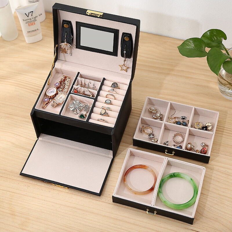 Boîte à Bijoux, Coffret pour Bijoux Boîte à Maquillage Bijoux et cosmétique Beauty Case à 3 Couches en Simili Cuir avec 2 Tiroirs, Noir 4
