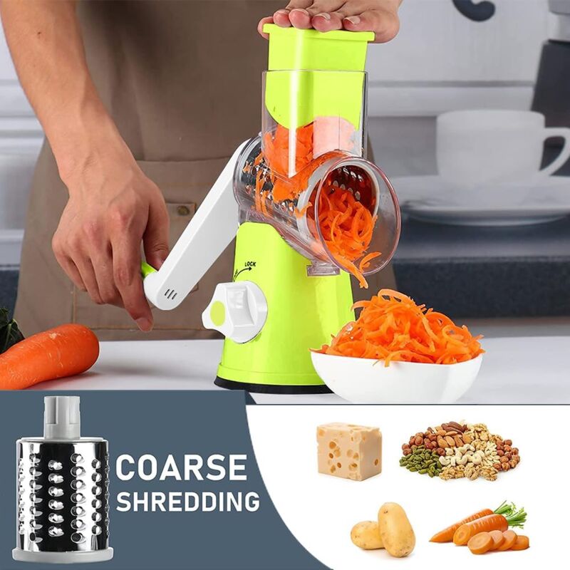 MKNZOME Râpe à Fromage Manuelle, 3 en 1 Rape Legume Rape Carotte Coupe Legume Multifonctions avec 3 Tambours Rotatifs en Acier Inoxydable, Rapeuse a Legumes Manuelle, Facile à Utiliser - Blanc