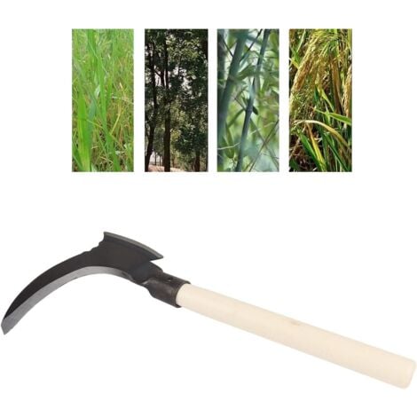 Faucille de désherbage en acier à haute teneur en manganèse, double faucille de jardinage, outil de désherbage agricole, outil de jardinage manuel polyvalent (lame unique, bâton en bois)
