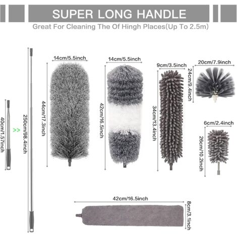 Lot De 7 Brosses De Lavage Pour Voiture Avec Manche Télescopique (157.5 Cm) - Têtes En Microfibre, 2 Chiffons De Rechange, 1 Raclette - Vert