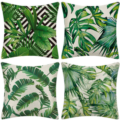 Extérieur Housse de Coussin, Lot de 4 Imperméable Plante Tropicale Verte Motif Canapé Taie d'oreiller pour Patio Jardin Salon Chambre Décoration, 45x45cm -Plantes Tropicales 01