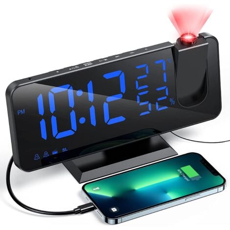 Reveil Projecteur avec Radio, Horloge Numérique, Réveil avec Port de USB, 3 Niveaux de Luminosité Réglables, Snooze et 15 Niveaux de Volume, 12/24h, pour Chambre, Maison, Bureau