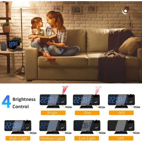 Reveil Projecteur avec Radio, Horloge Numérique, Réveil avec Port de USB, 3 Niveaux de Luminosité Réglables, Snooze et 15 Niveaux de Volume, 12/24h, pour Chambre, Maison, Bureau