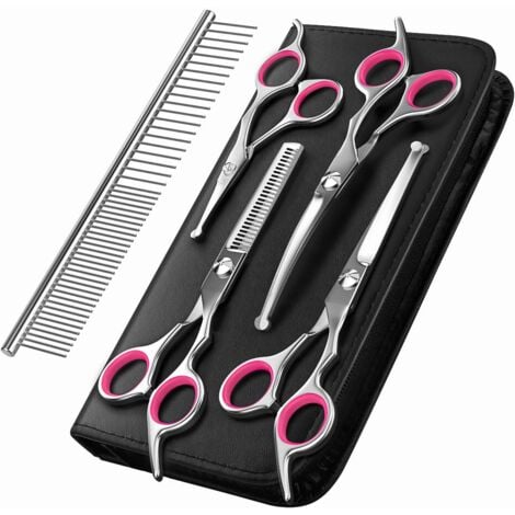 Ciseaux de Toilettage pour Chien, Ensemble de 5 Outils de Toilettage en Acier Inoxydable Enduit de Titane pour Animaux de Compagnie, Cisaille à Effiler/Droite/Incurvé et Peigne, Rose