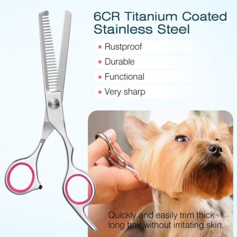 Ciseaux de Toilettage pour Chien, Ensemble de 5 Outils de Toilettage en Acier Inoxydable Enduit de Titane pour Animaux de Compagnie, Cisaille à Effiler/Droite/Incurvé et Peigne, Rose