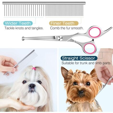 Ciseaux de Toilettage pour Chien, Ensemble de 5 Outils de Toilettage en Acier Inoxydable Enduit de Titane pour Animaux de Compagnie, Cisaille à Effiler/Droite/Incurvé et Peigne, Rose