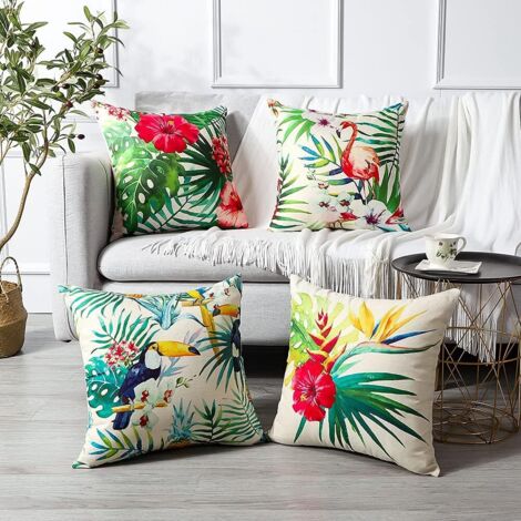 Lot De 2 Housses De Coussin Extérieur 65x65 Cm - Imperméables, En Lin - Déco Salon & Jardin - Motif Fleur (bleu)